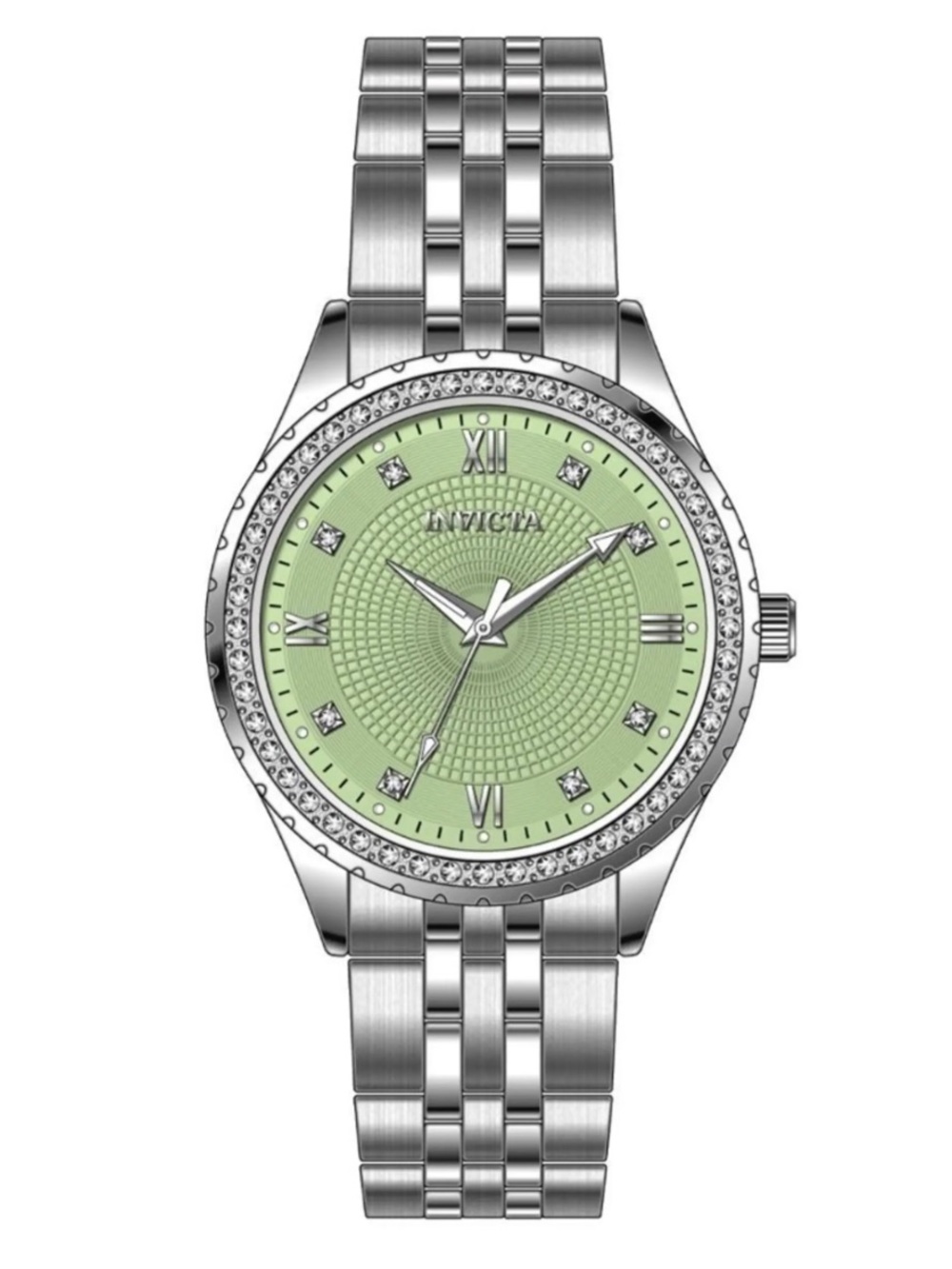 Invicta Silver Watch with Light Green Dial and Crystal Accents